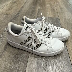 Adidas cheetah print and white sneakers